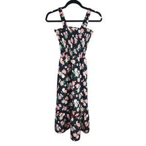 H&M Divided Women Black Pink Rose Floral Smocked Midi Dress XS 0938424 3